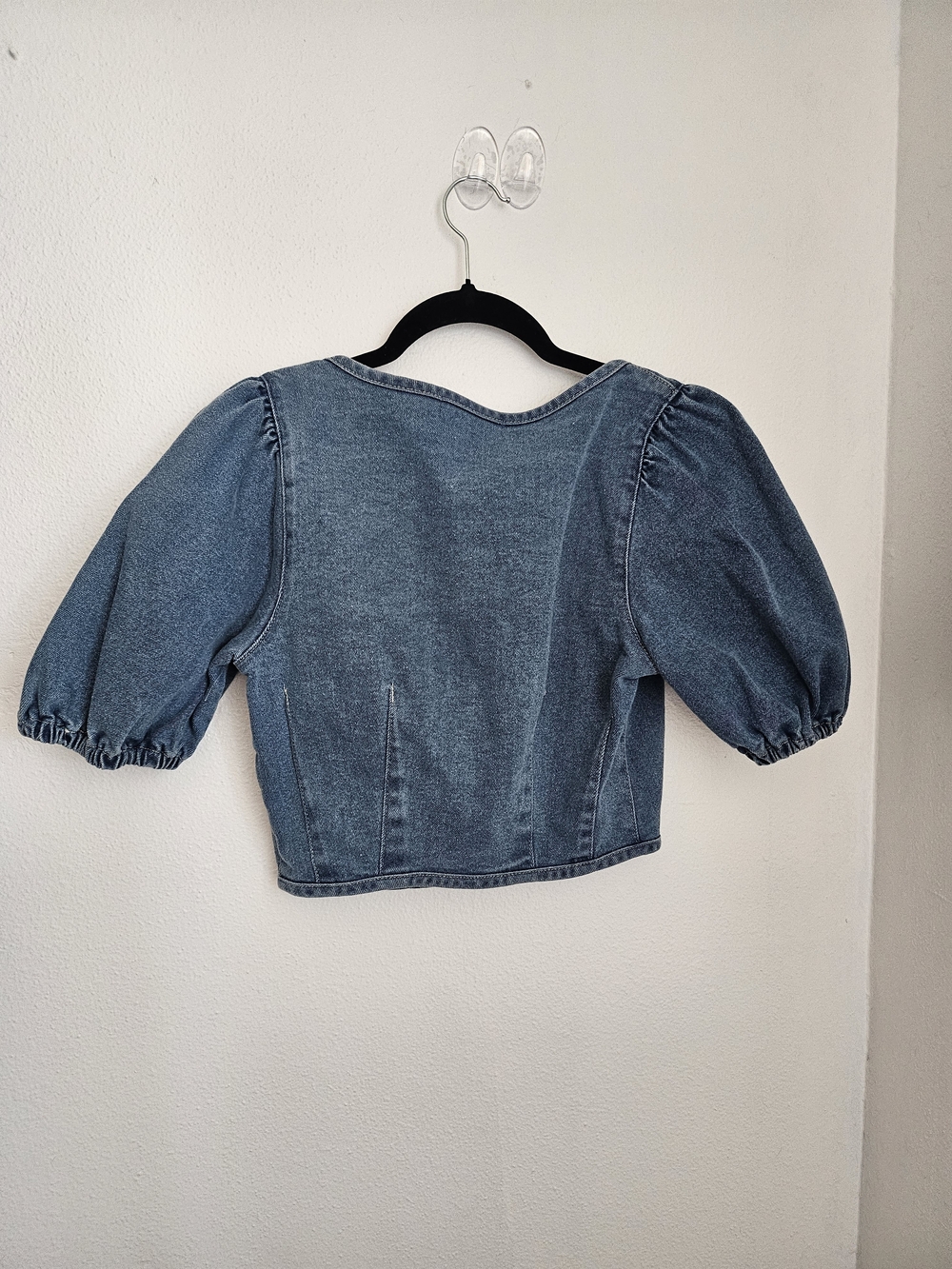 Forever 21 Blue Denim Puff-Sleeve Cropped Button-Front Top Sz S Festival Cowgirl - Picture 3 of 6